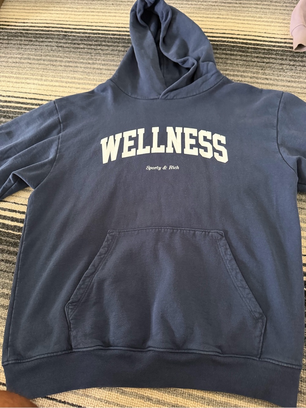Sporty & Rich Navy Crewneck Hoodie with White 'WELLNESS' Print
